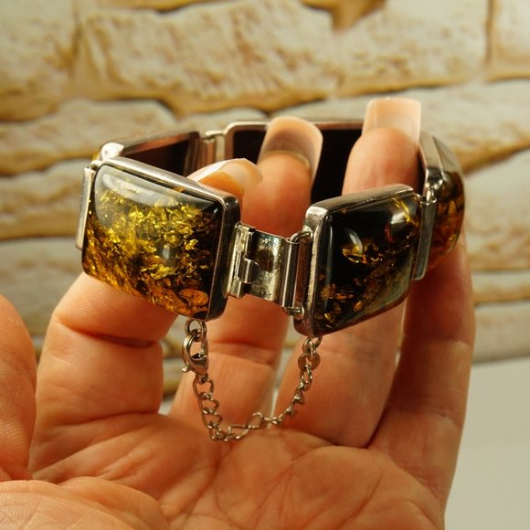 HEAVY AMBER 925 SILVER PANEL BRACELET 8", GIFT FOR HER or HIM - Picture 7 of 11